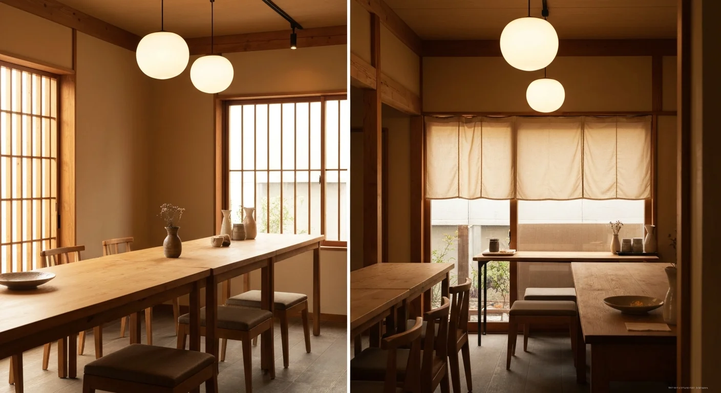 An evening view inside the restaurant, where steam from yakiniku rises over the wooden tables and the quiet afterglow of dinner lingers
